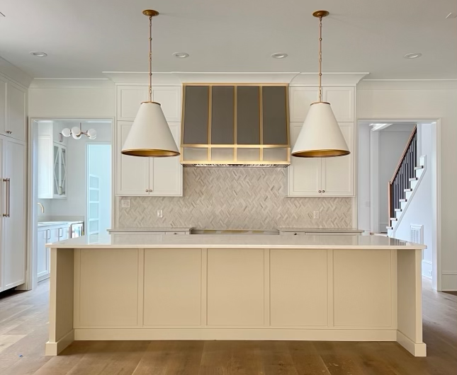 Angled Range Hood - with strapping and trim - Grey / Gold