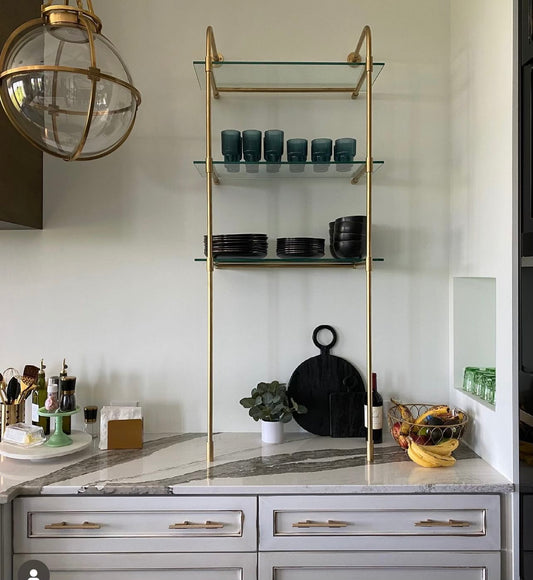 Modern Metal & Glass Shelves - Round Bracing - Gold