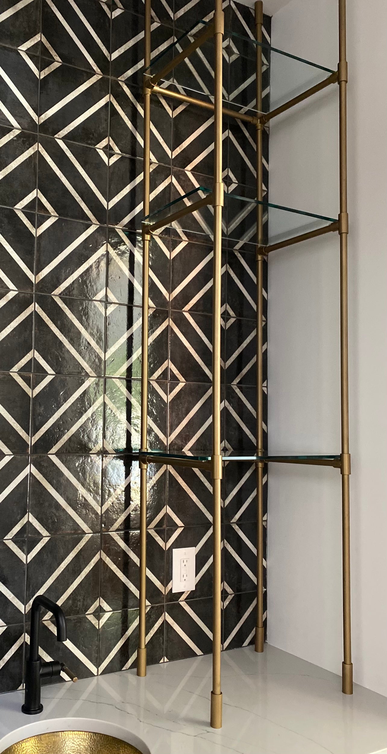 Modern Metal & Glass Shelves - Round Bracing - Gold