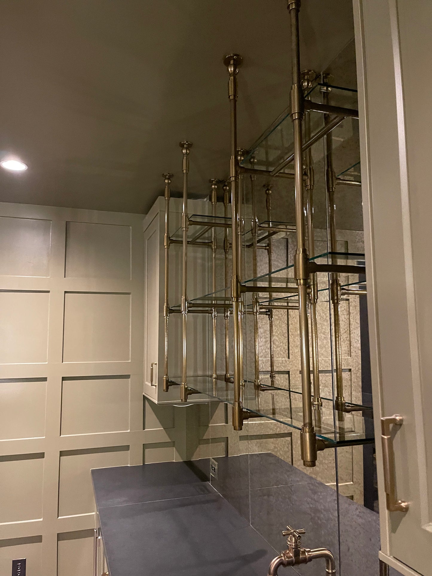 Modern Metal & Glass Shelves - Round Bracing - Gold