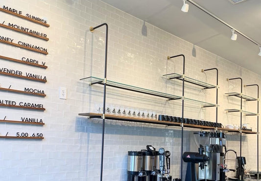 Modern Metal & Glass Shelves - Round Bracing - Black