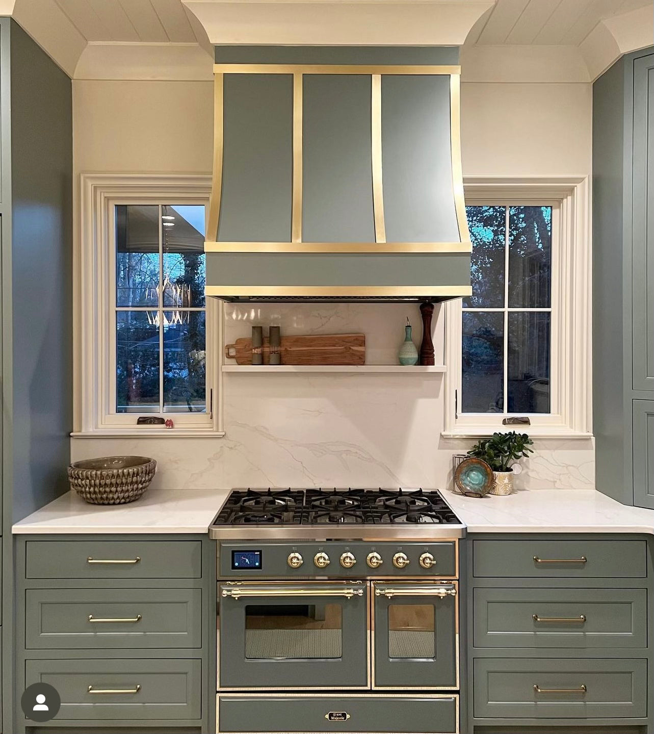 Sloped Range Hood with strapping and trim Sage Green Gold