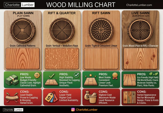 Wood Chart - Live Sawn vs Plain Sawn vs. Rift & Quarter