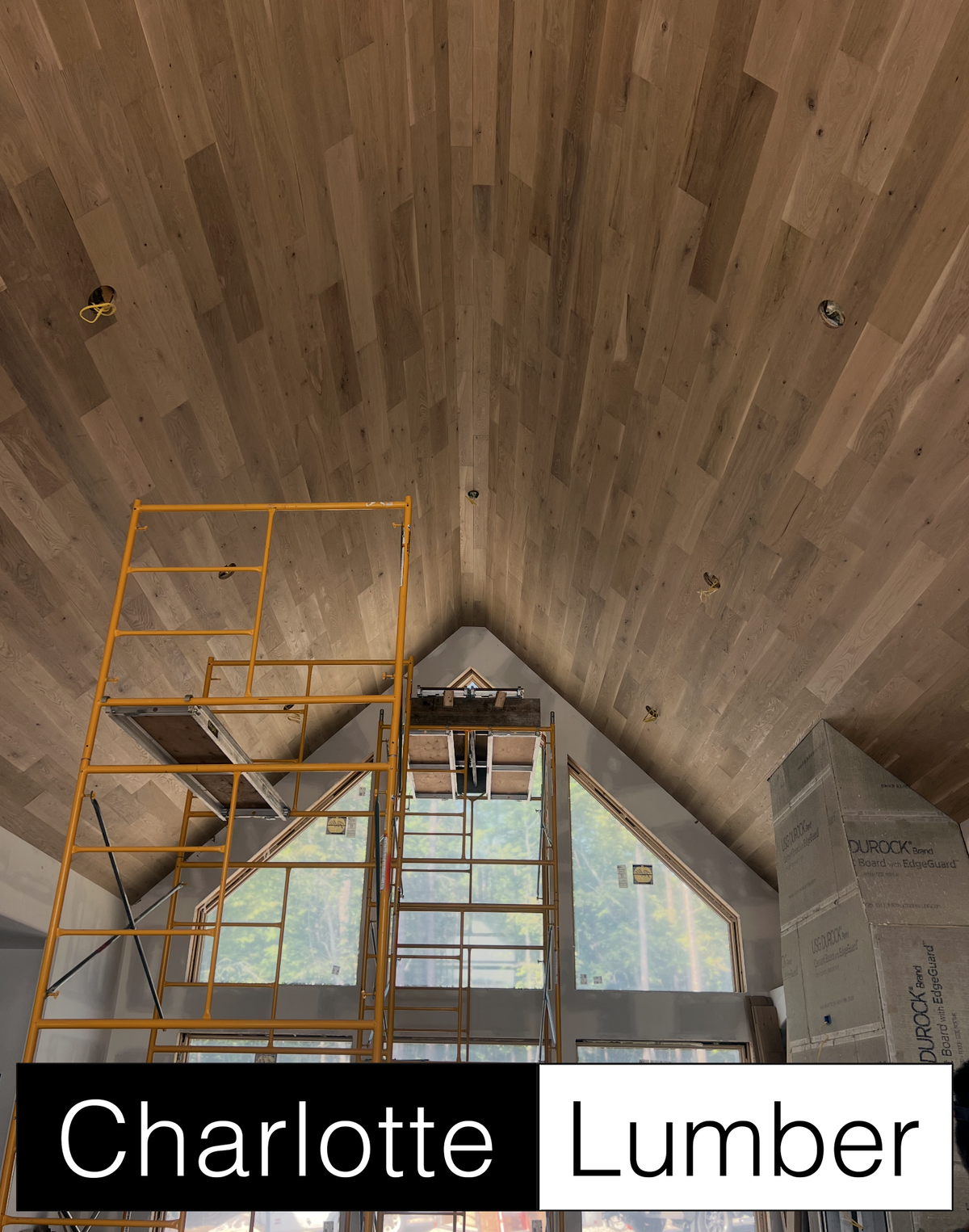 Solid white oak ceiling, character grade, vaulted interior - Charlotte Lumber