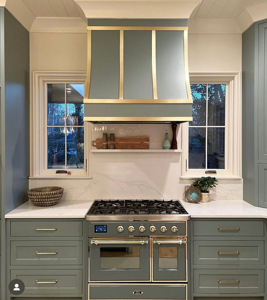 Sloped Range Hood - with strapping and trim -  Sage Green / Gold